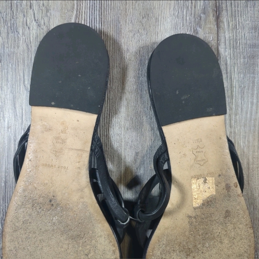 Tory Burch Designer Jeweled Miller Napa Black Leather Sandal Flip Flop Thong 9.5 - Picture 11 of 12